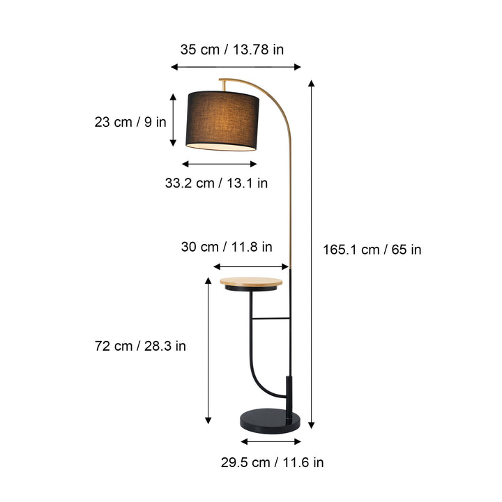 Dimensions in inches and centimeters of a Teamson Home Danna Floor Lamp with Marble Base and Built-In Table, Black