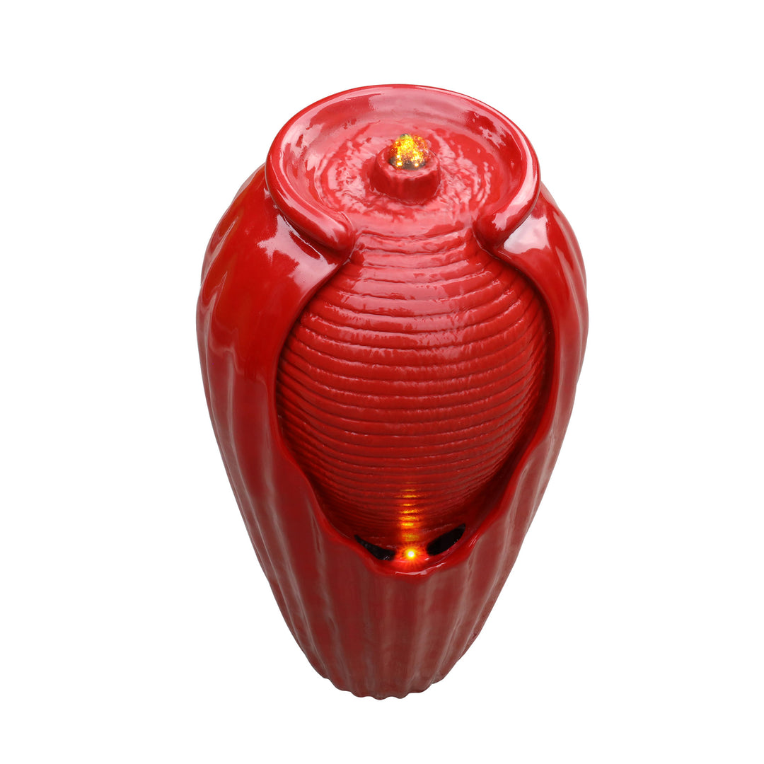 Red Teamson Home Indoor/Outdoor Contemporary Glazed Contoured Vase Water Fountain with LED Lights isolated on white background.