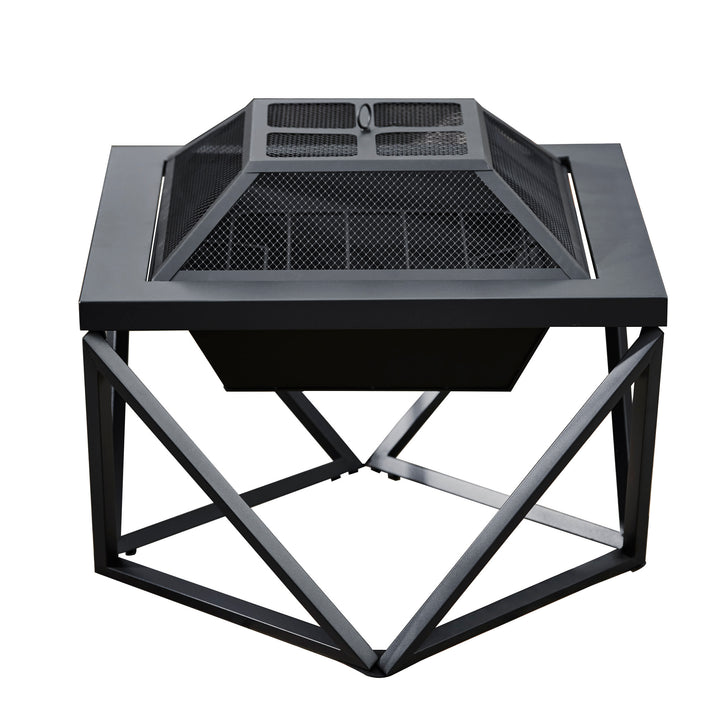 A view above a Teamson Home Outdoor 24" Wood Burning Fire Pit with Tabletop and Decorative Base, Black with the spark screen