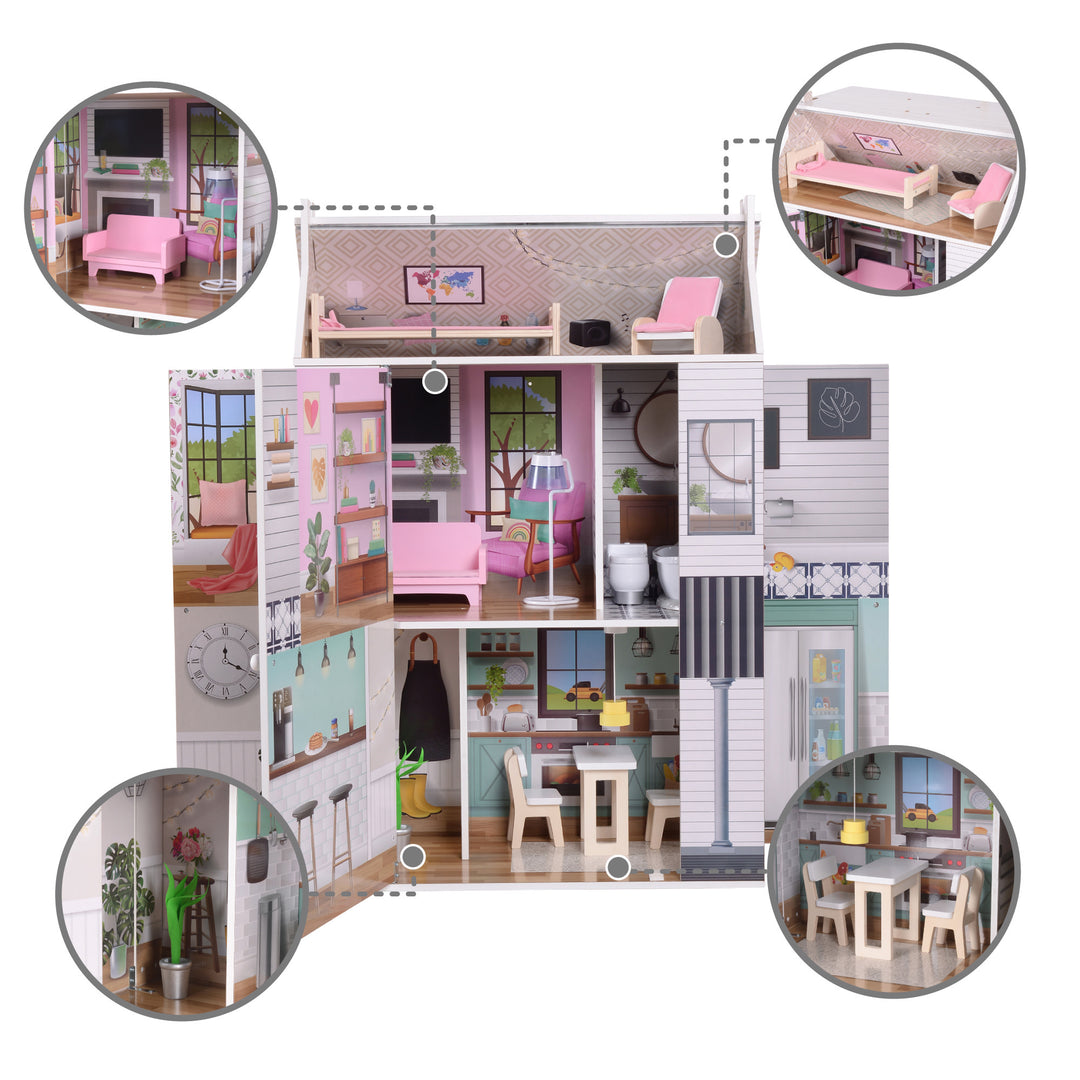 Callout features of a dollhouse: a living space with pink sofa and floor lamp, a loft bedroom with a bed and lounge chair, an entry way with a potted plant, and a kitchen with a table and two chairs.
