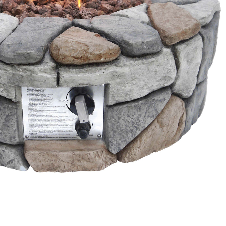 Teamson Home 28" Outdoor Round Stone Propane Gas Fire Pit, Stone Gray powered gas fire pit with control knob and on /off button