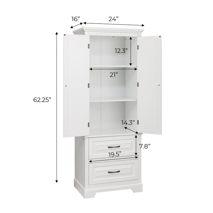 Teamson Home St. James Wooden Linen Tower Cabinet with 2 Drawers, White for the bathroom with measurements labeled on each section.